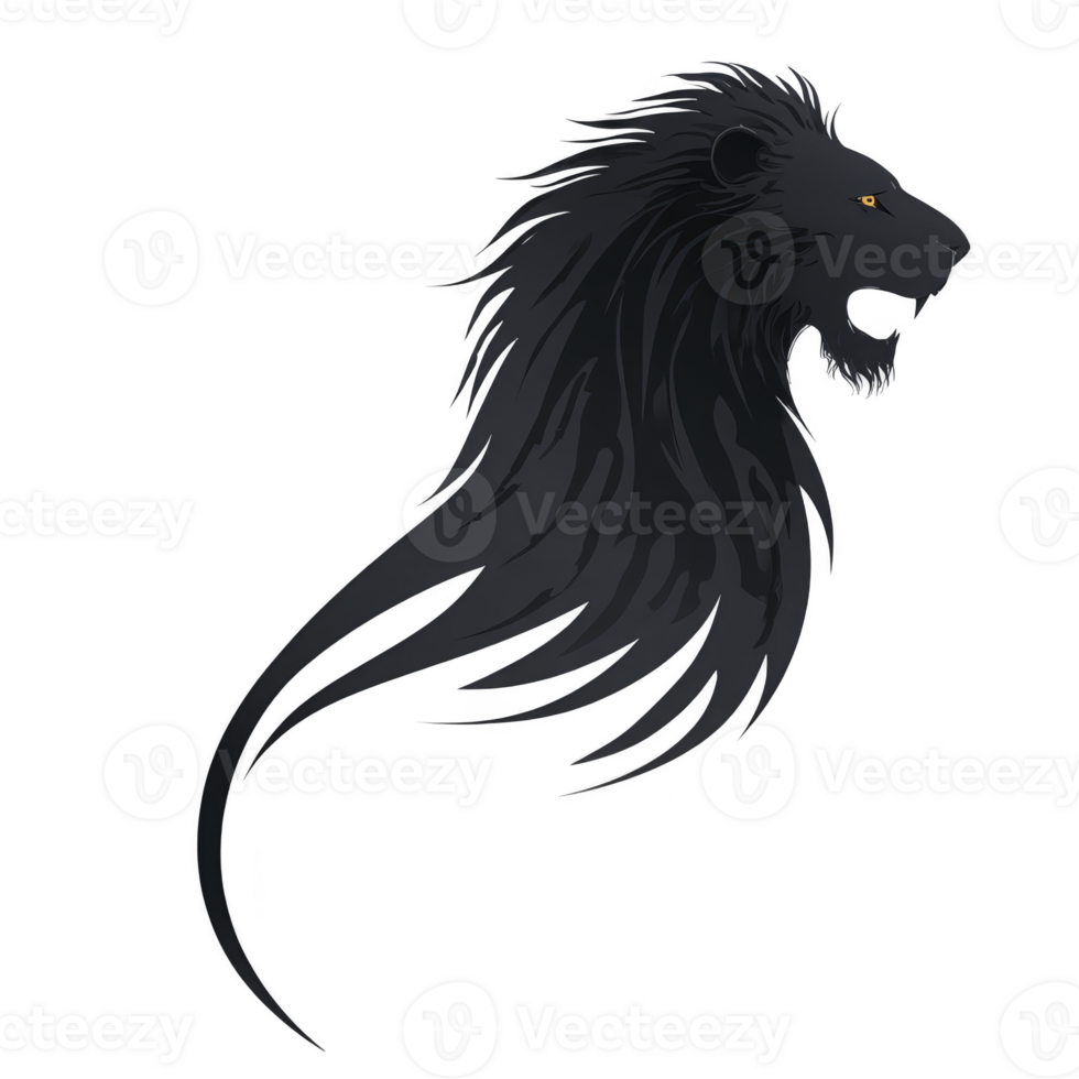 Stylized illustration of lion head with flowing mane, resembling brushstroke, is depicted in minimalist design. lion fierce expression and dynamic lines convey strength and elegance png