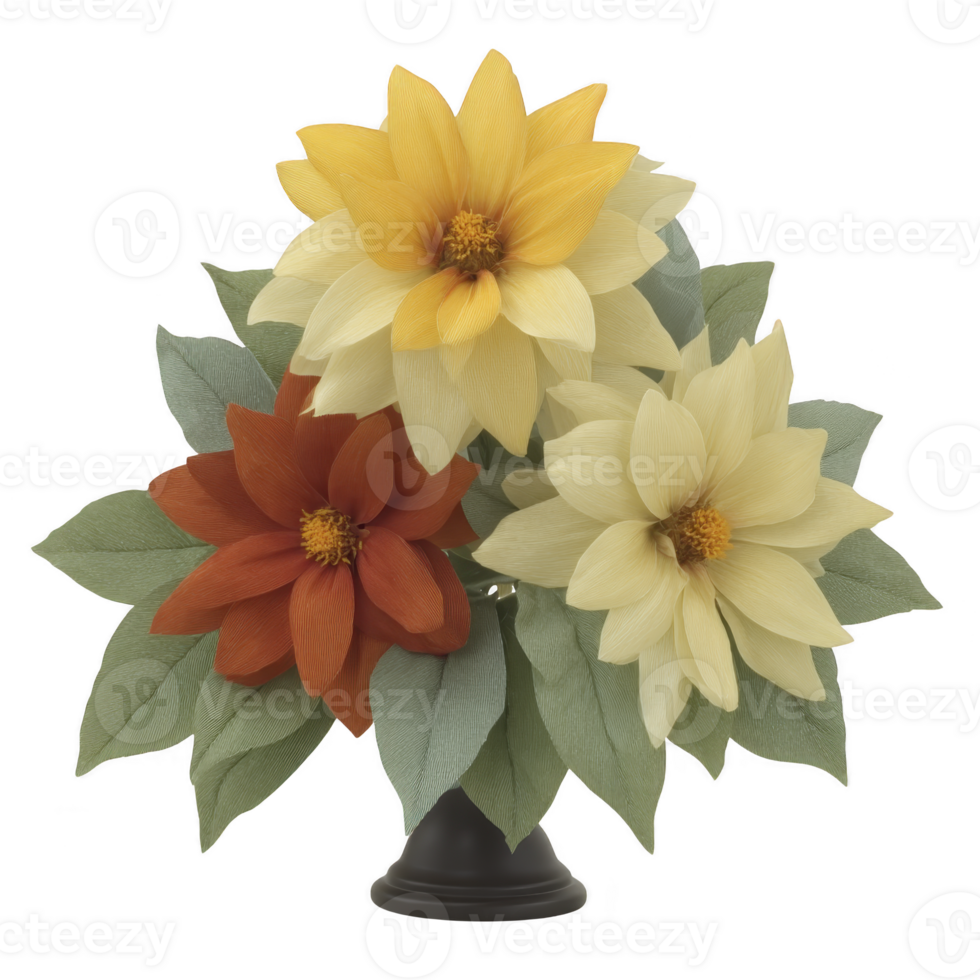 Vibrant bouquet of paper flowers in vase features yellow, orange, and cream blooms with green leaves, showcasing intricate craftsmanship and cheerful aesthetic png