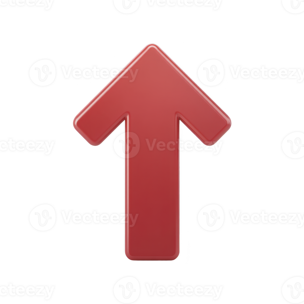 Red 3D arrow pointing upwards symbolizes direction and progress, often used in digital interfaces or presentations to indicate movement or increase png
