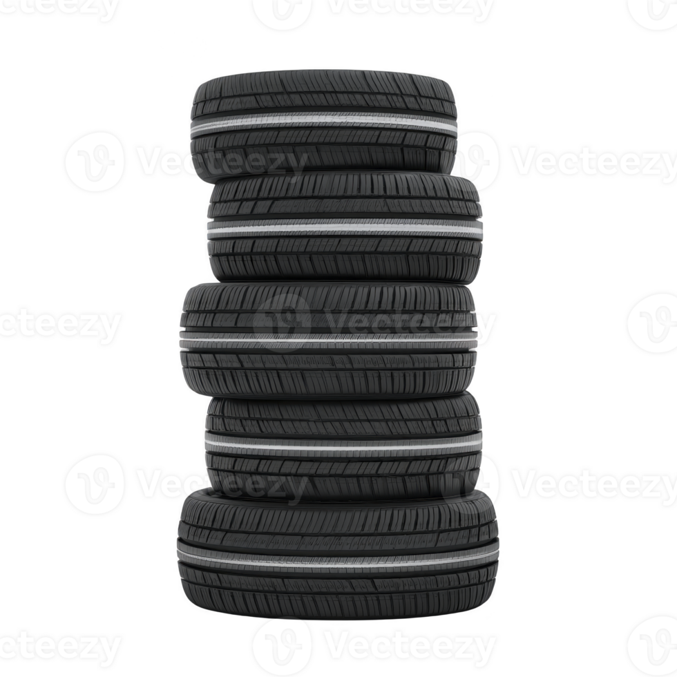 Stack of four black car tires with visible tread pattern, arranged vertically against transparency background. tires are new and clean, suitable for various vehicles png