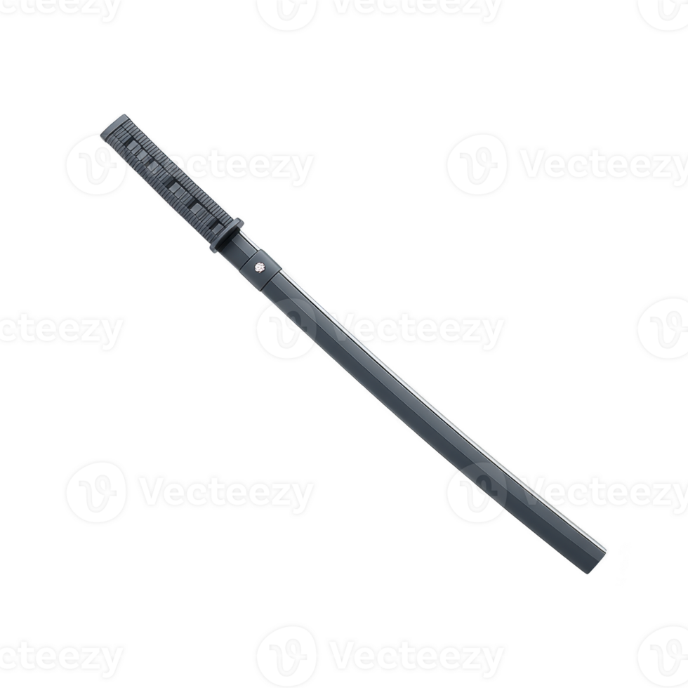 Sleek black katana sword with detailed handle and scabbard, showcasing traditional Japanese craftsmanship. elegant design highlights sword cultural significance and artistry png