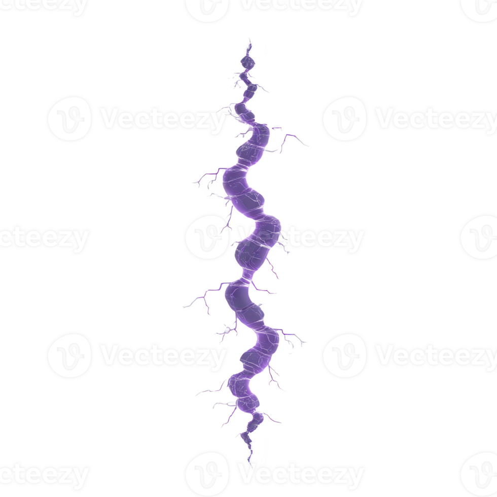 Vibrant, jagged purple lightning bolt crackles against transparency background, showcasing its electric energy and dynamic form. bolt intricate branches create striking visual effect png