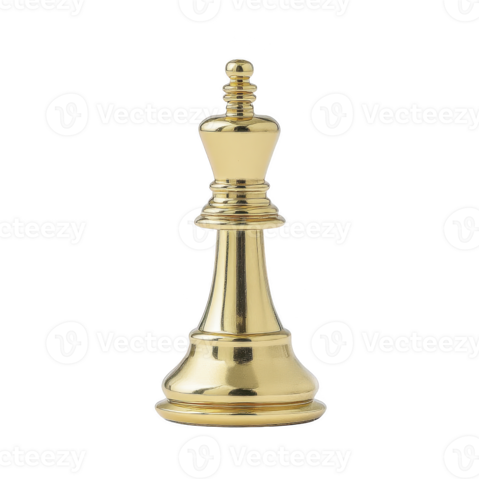 Shiny gold chess king piece stands upright, symbolizing power and strategy in game of chess. metallic finish gives it luxurious and elegant appearance, perfect for high end chess set png