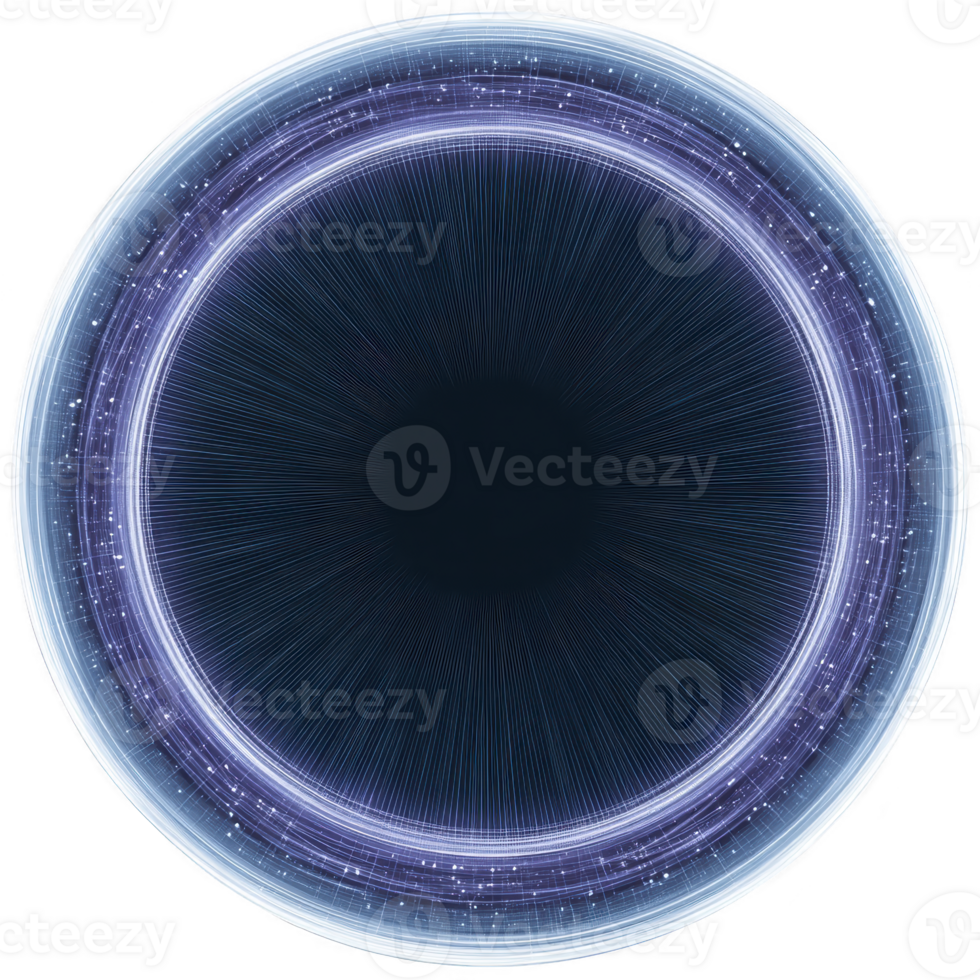 Mesmerizing circular digital design features glowing blue and white ring with intricate patterns and dark center, evoking sense of futuristic technology and cosmic wonder png
