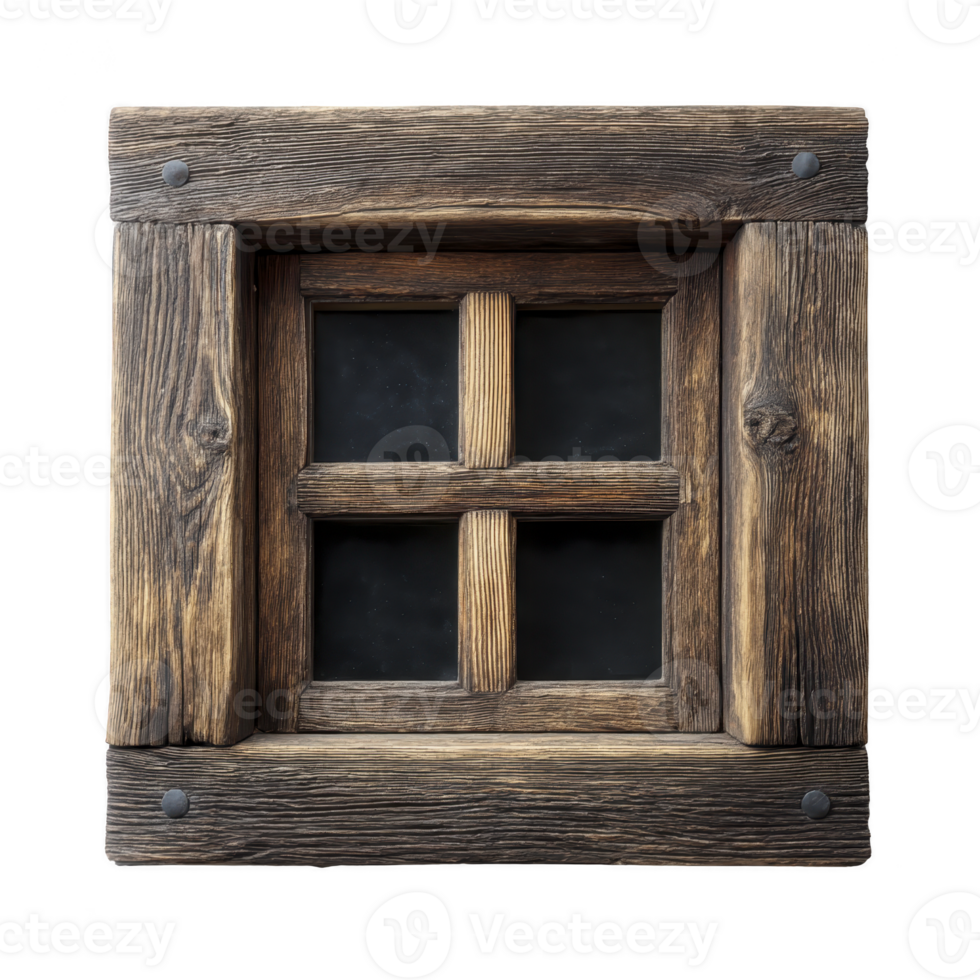 Rustic wooden window frame with grid design, featuring weathered wood and visible grain texture, evokes vintage charm. frame is square with simple, sturdy construction.rustic wooden window frame png