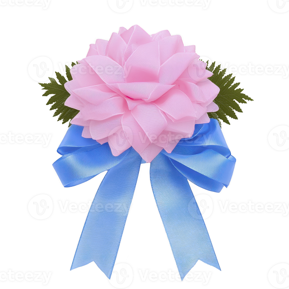 Decorative pink ribbon flower with green leaves and blue bow creates elegant and festive appearance. Perfect for gift wrapping or special occasions png