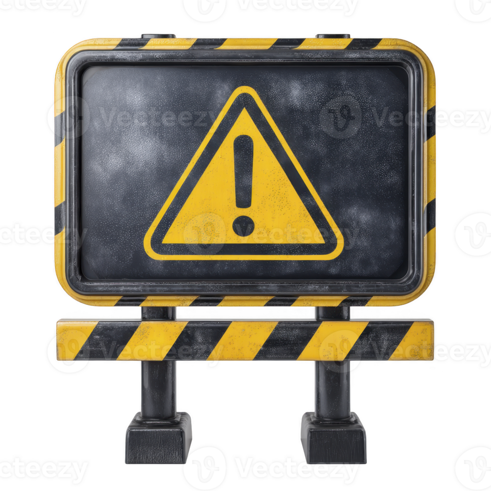 Weathered caution sign with bold exclamation mark, featuring black and yellow stripes, stands prominently, conveying sense of alertness and warning png