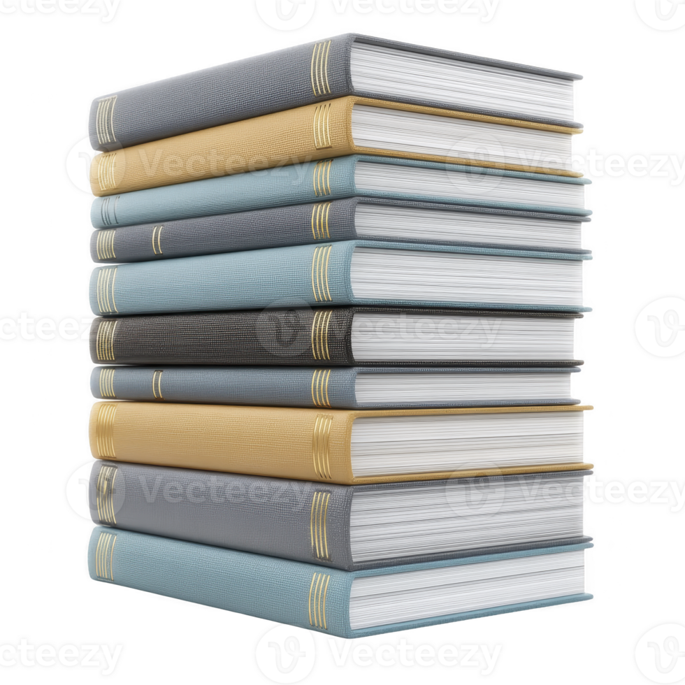Stack of hardcover books with various colored covers, including blue, gray, and beige, is neatly arranged. books are aligned, showcasing their spines and pages, evoking sense of knowledge png