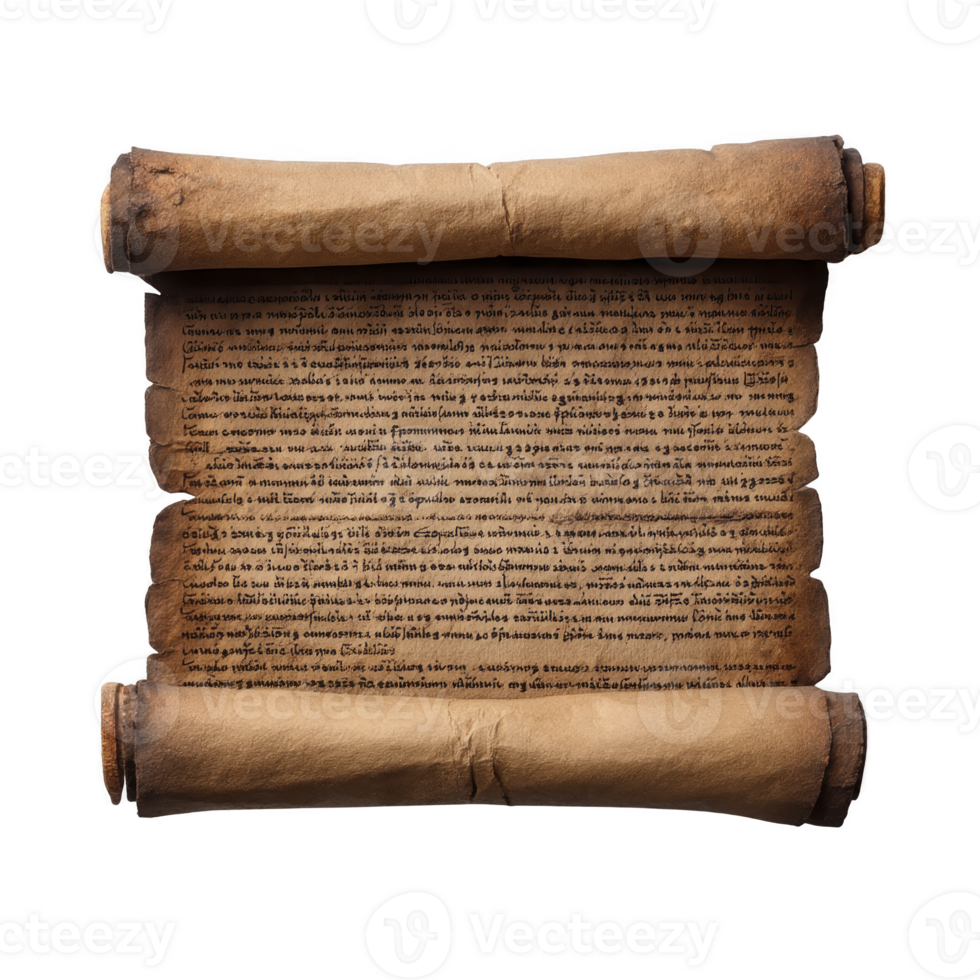 Aged parchment scroll with ancient text, showcasing historical writing. scroll is unrolled, revealing detailed script, evoking sense of mystery and antiquity png