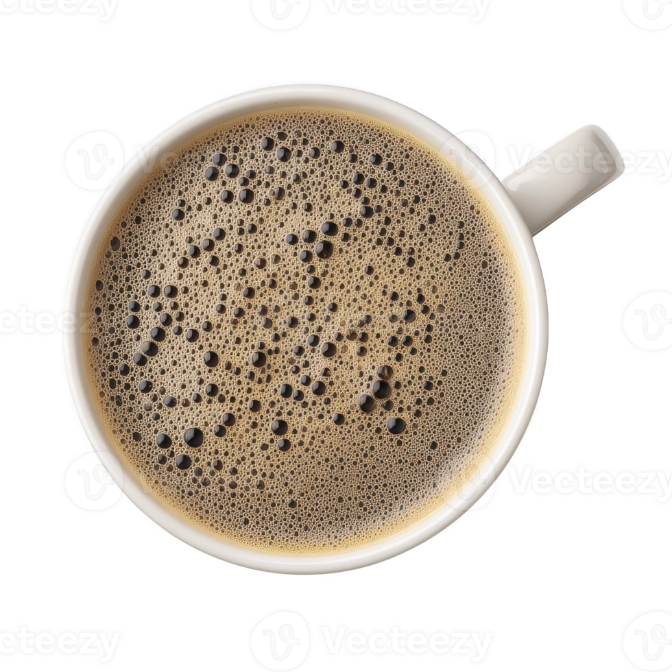 Steaming cup of black coffee in white ceramic mug viewed from above, showcasing rich crema and bubbles. simplicity and warmth evoke cozy, inviting atmosphere png