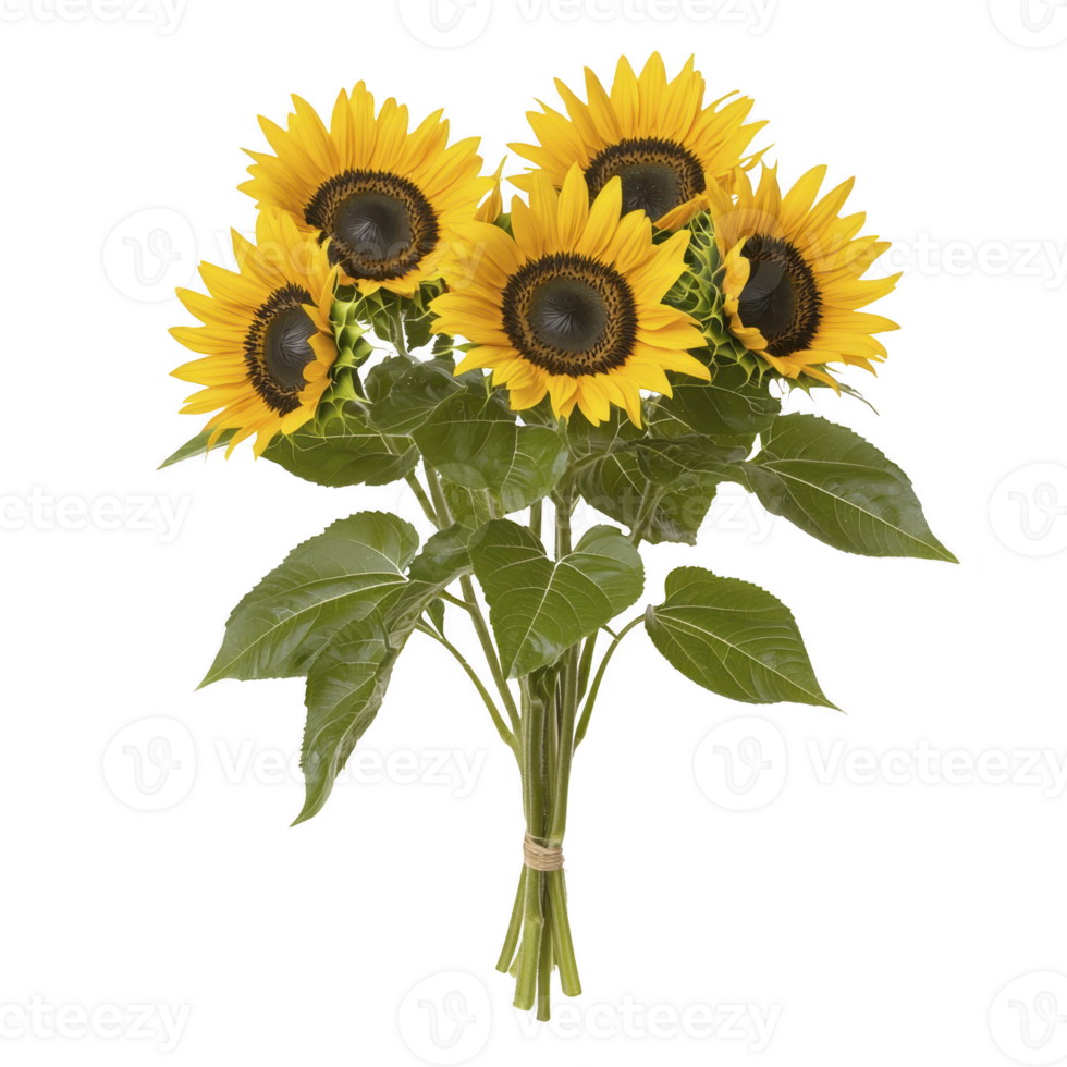 Vibrant bouquet of sunflowers with bright yellow petals and green leaves, exuding cheerful and lively atmosphere. sunflowers are arranged in simple, elegant style png