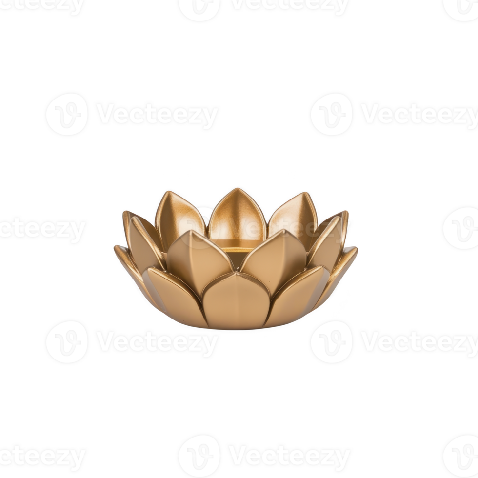 Decorative golden lotus shaped candle holder with shiny finish, perfect for adding elegance to home decor or special occasions. intricate petal design enhances its aesthetic appeal png