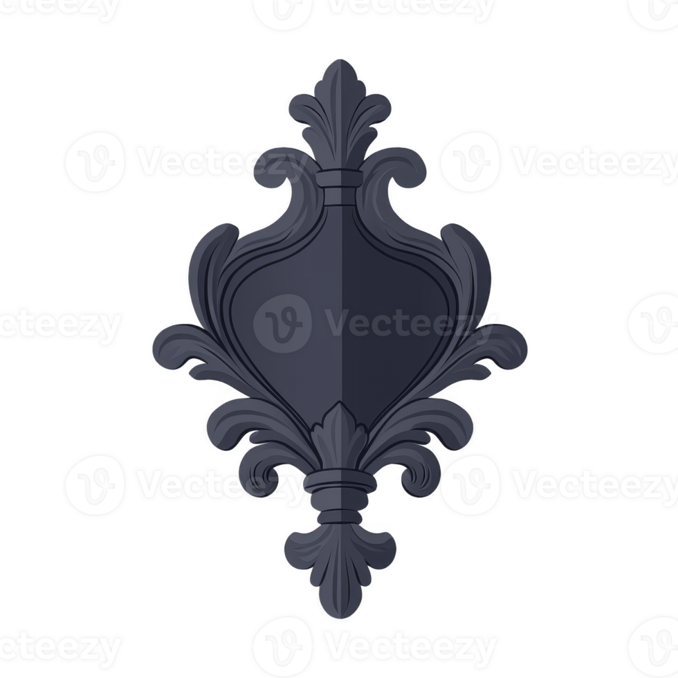 Ornate dark blue shield with intricate floral patterns and glossy finish, evoking sense of elegance and protection. design is symmetrical and features classic heraldic style png