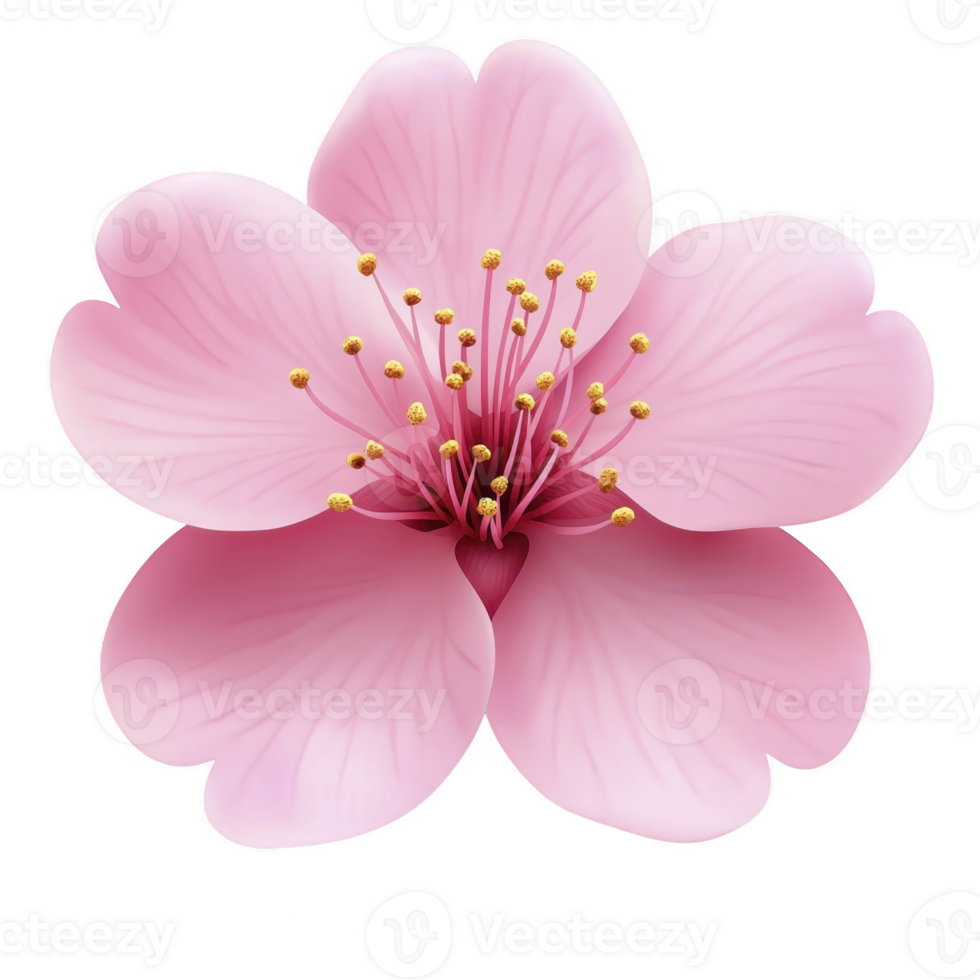 Delicate pink cherry blossom with soft petals and vibrant yellow stamens, symbolizing beauty and renewal. flower is isolated on transparency background, highlighting its intricate details png