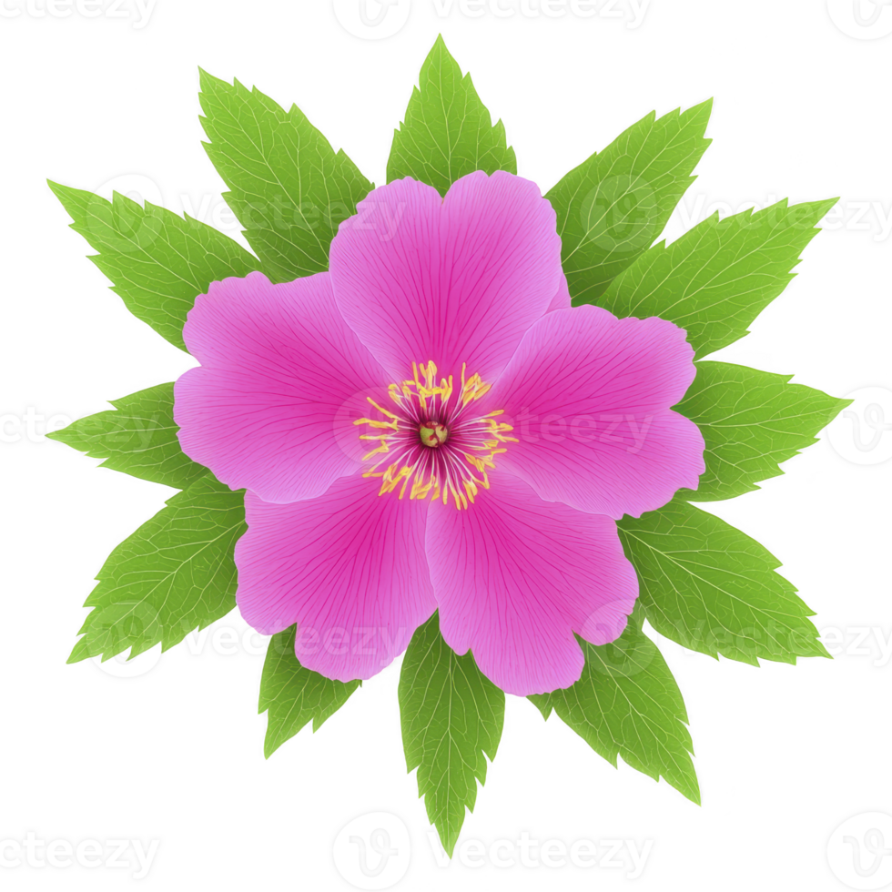 Vibrant pink flower with lush green leaves creates striking contrast, showcasing nature beauty. detailed petals and foliage highlight intricate design of blossom png