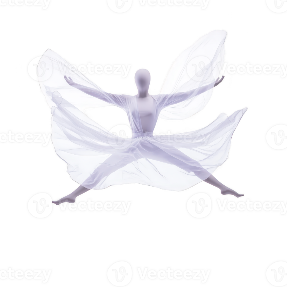 Graceful figure in flowing white costume performs expressive dance, creating ethereal and dynamic silhouette against plain background png