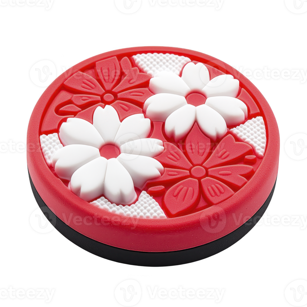 Round, red and white floral coaster with embossed flower patterns, featuring daisies and cherry blossoms, adds decorative touch to any table setting png
