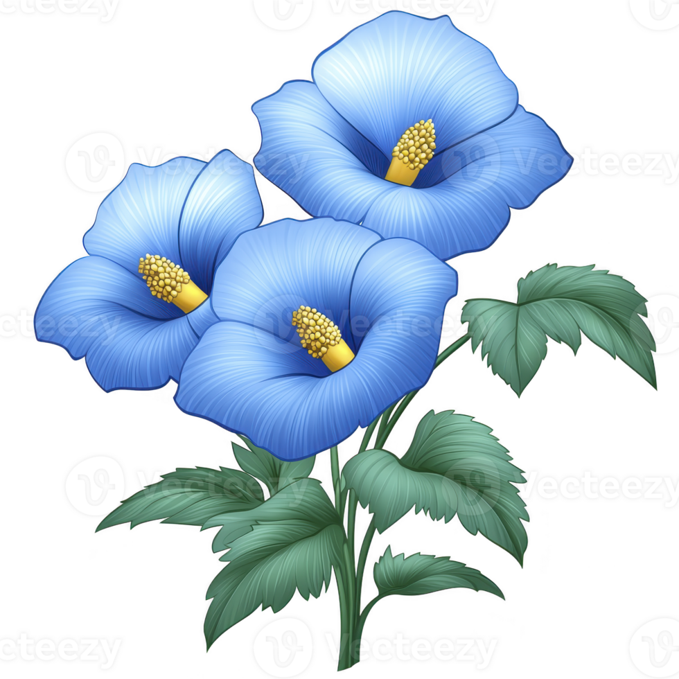 Three vibrant blue hibiscus flowers with lush green leaves create striking and serene floral arrangement. delicate petals and bright yellow stamens add touch of elegance png