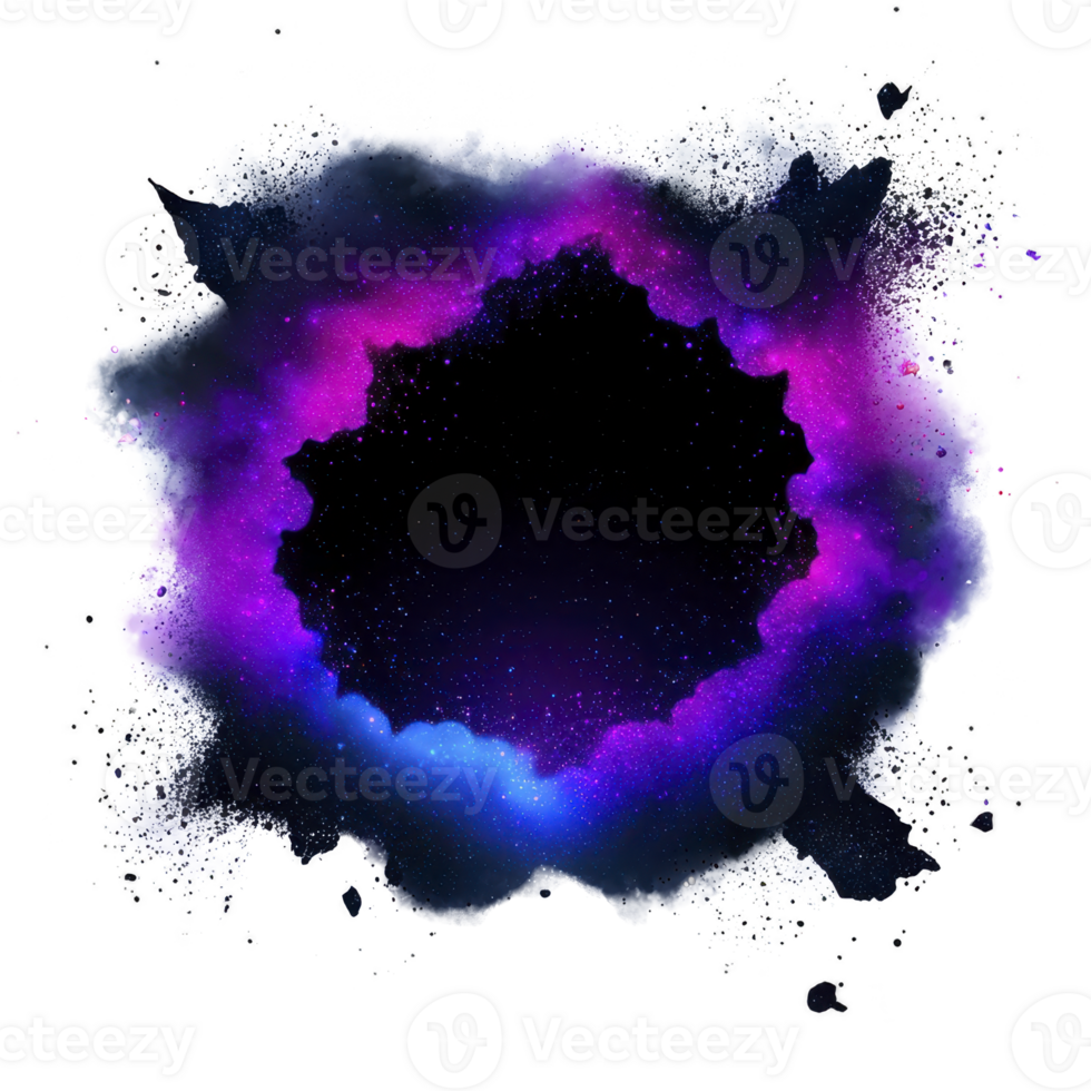 Vibrant cosmic explosion of purple and blue hues creates mesmerizing abstract design, resembling nebula with splattered paint effects. dynamic colors evoke sense of wonder and creativity png