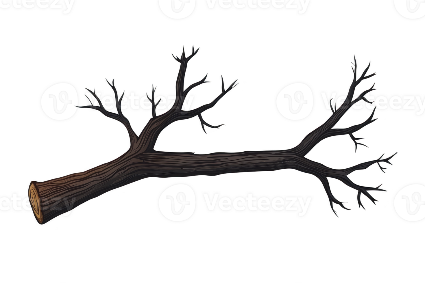Detailed illustration of fallen tree branch with multiple twigs and textured bark surface, set against plain background. branch appears dry and weathered, evoking sense of nature resilience png