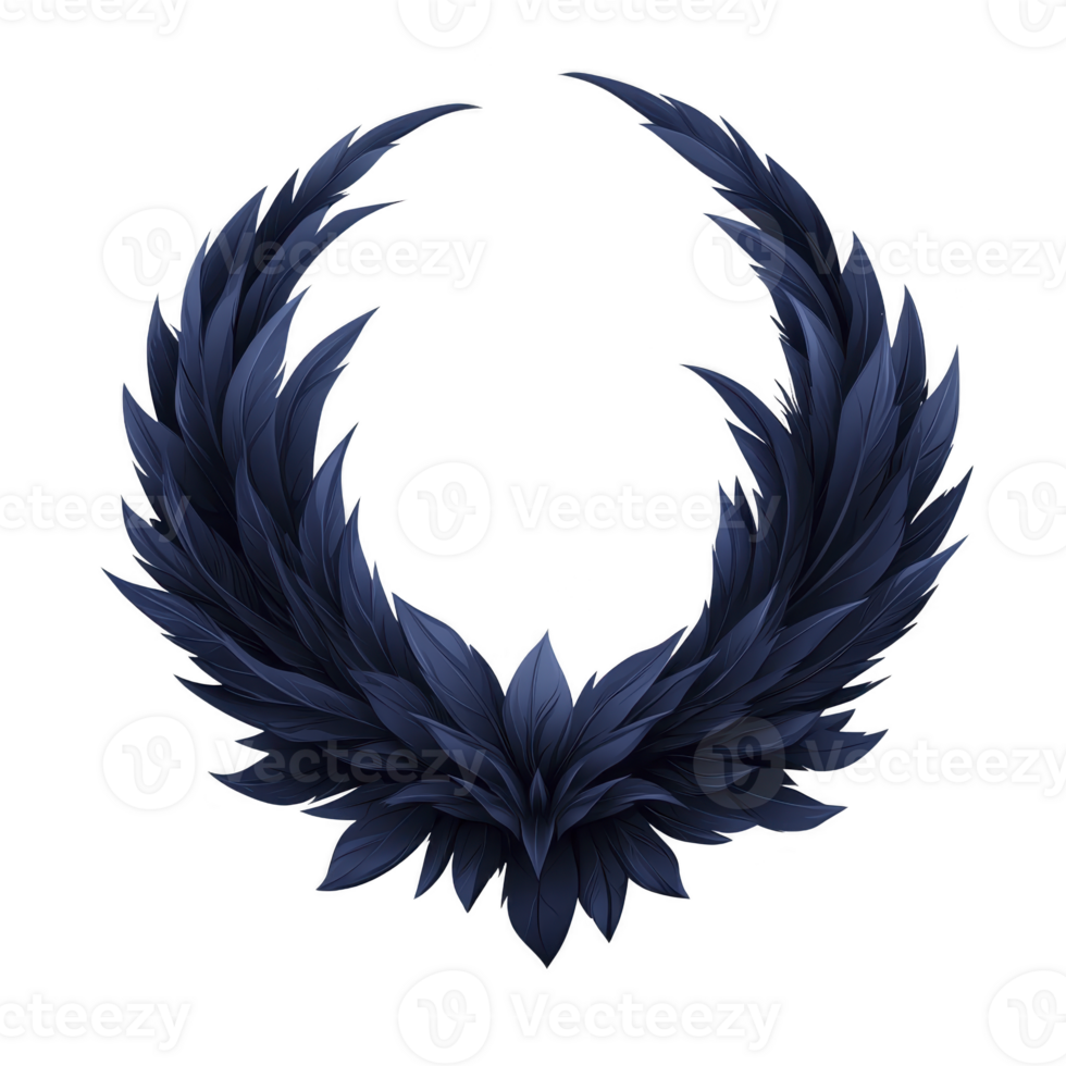 Dark blue feathered wreath forms symmetrical, elegant design, evoking sense of mystery and sophistication. intricate arrangement of feathers creates striking visual impact png