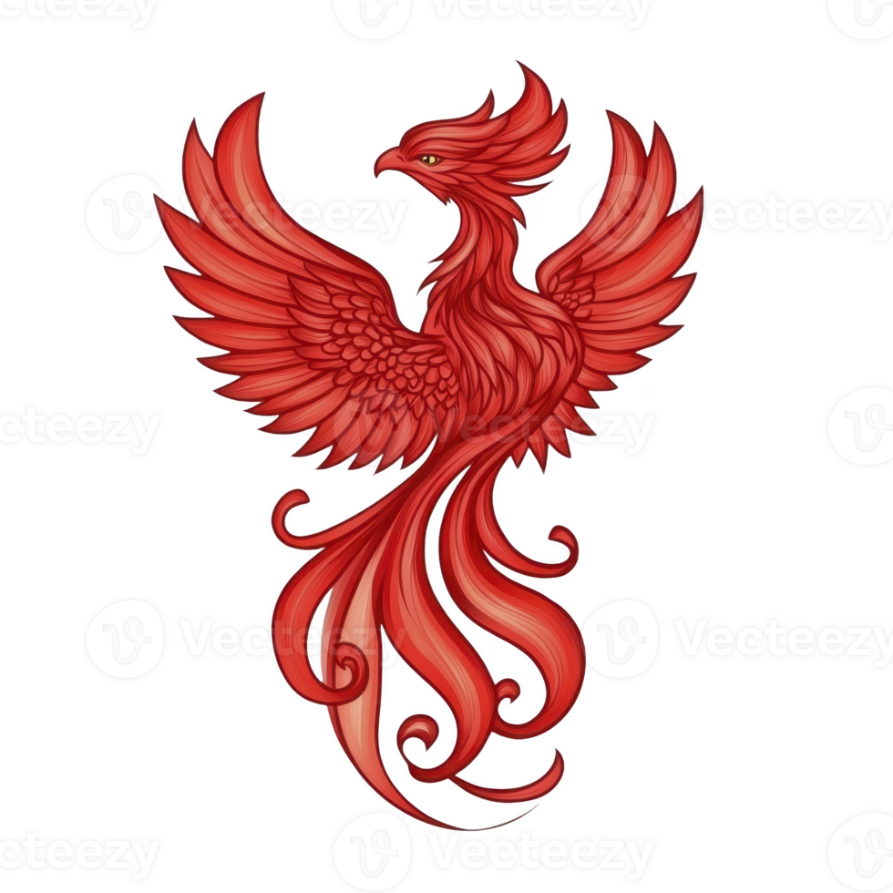 Vibrant red phoenix with detailed feathers and flowing tail symbolizes rebirth and strength. mythical bird is depicted with outstretched wings, exuding sense of power and grace png