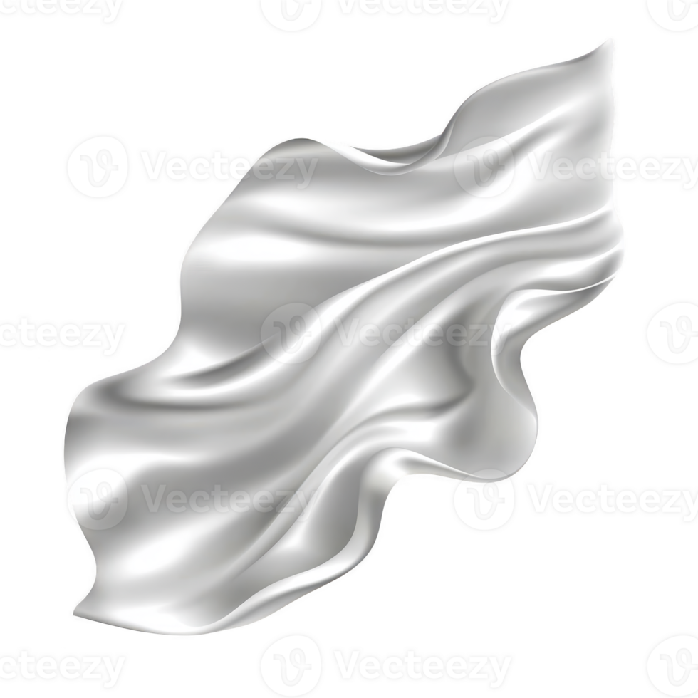 Flowing, abstract silver fabric with smooth, wavy folds creates sense of elegance and fluidity. metallic sheen enhances its luxurious appearance against transparent background png