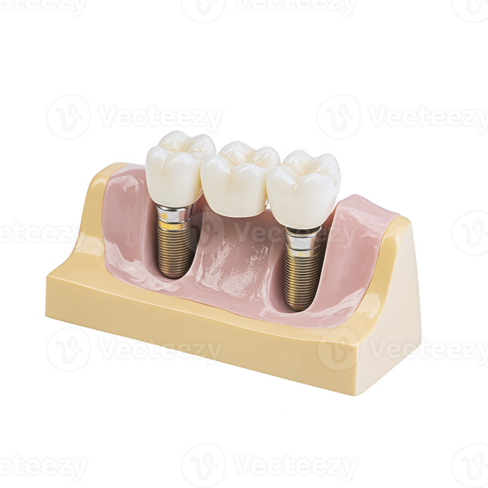 Dental implant model showing three artificial teeth on gum base, illustrating dental restoration and oral health. model is used for educational purposes in dentistry png