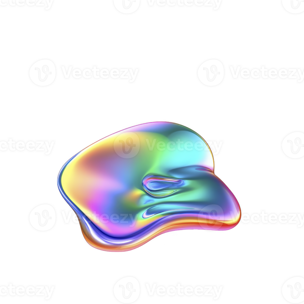 Vibrant, abstract 3D shape with smooth, fluid form and rainbow gradient surface, resembling liquid metal or iridescent blob, set against plain background png