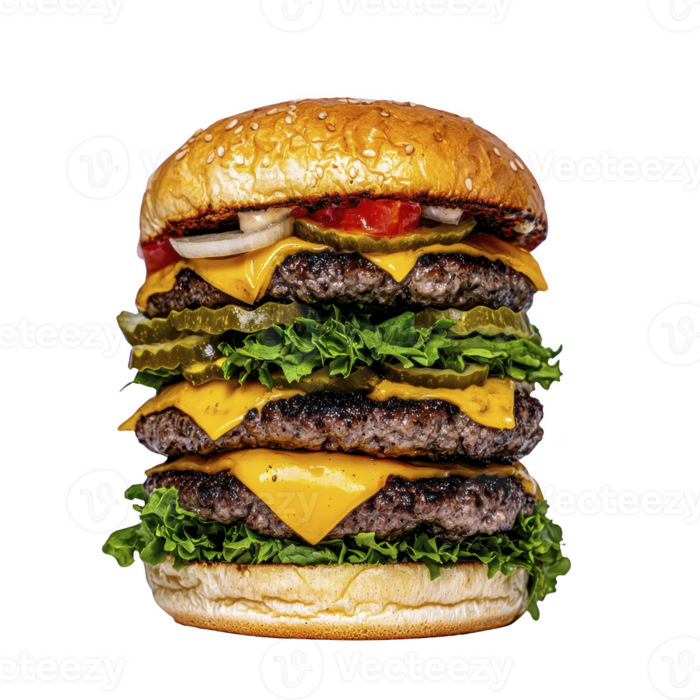 Towering double cheeseburger with layers of juicy beef patties, melted cheese, fresh lettuce, pickles, onions, and ketchup, all sandwiched between sesame seed bun png