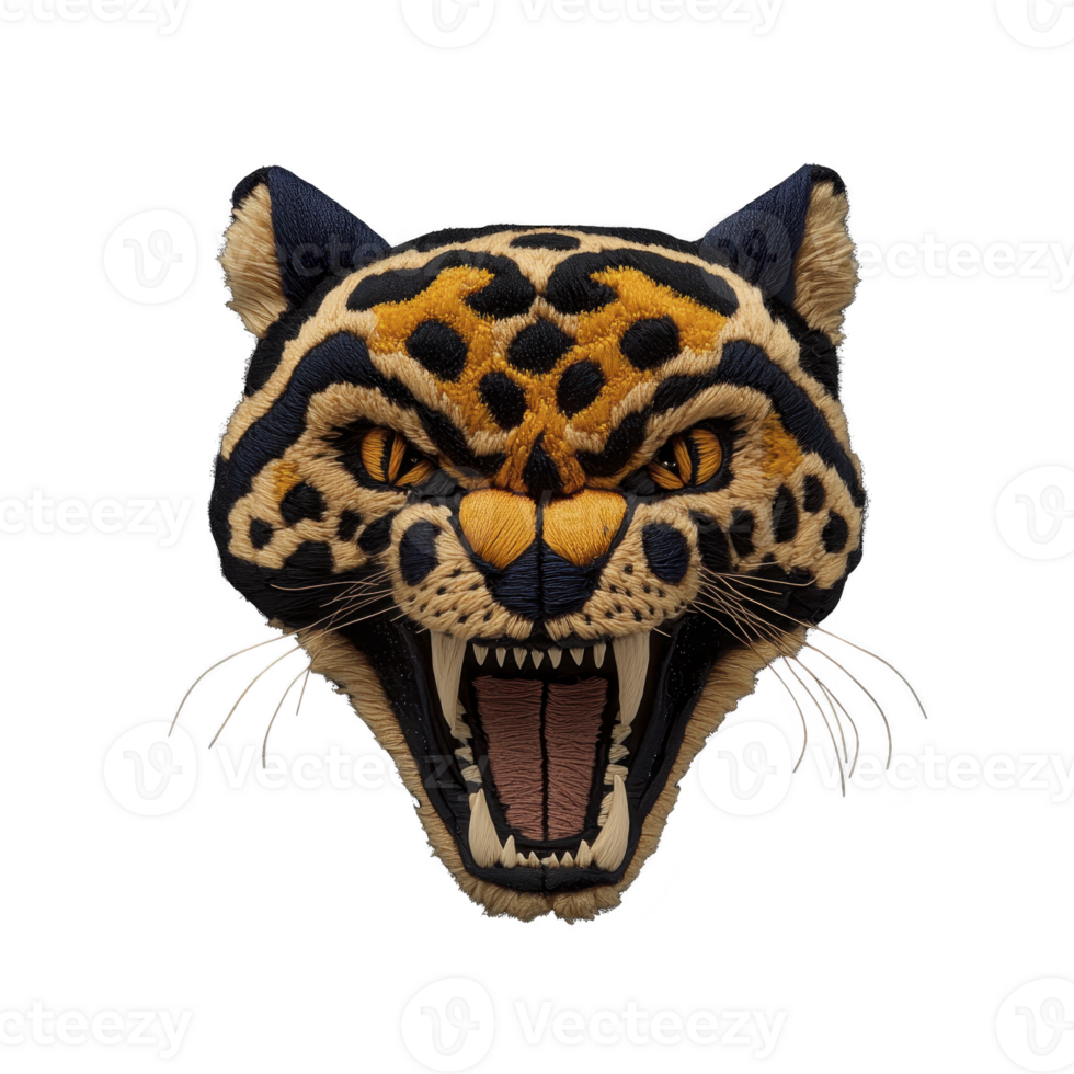 Fierce embroidered jaguar head with open mouth and sharp teeth, showcasing intricate details and vibrant colors on transparency background png