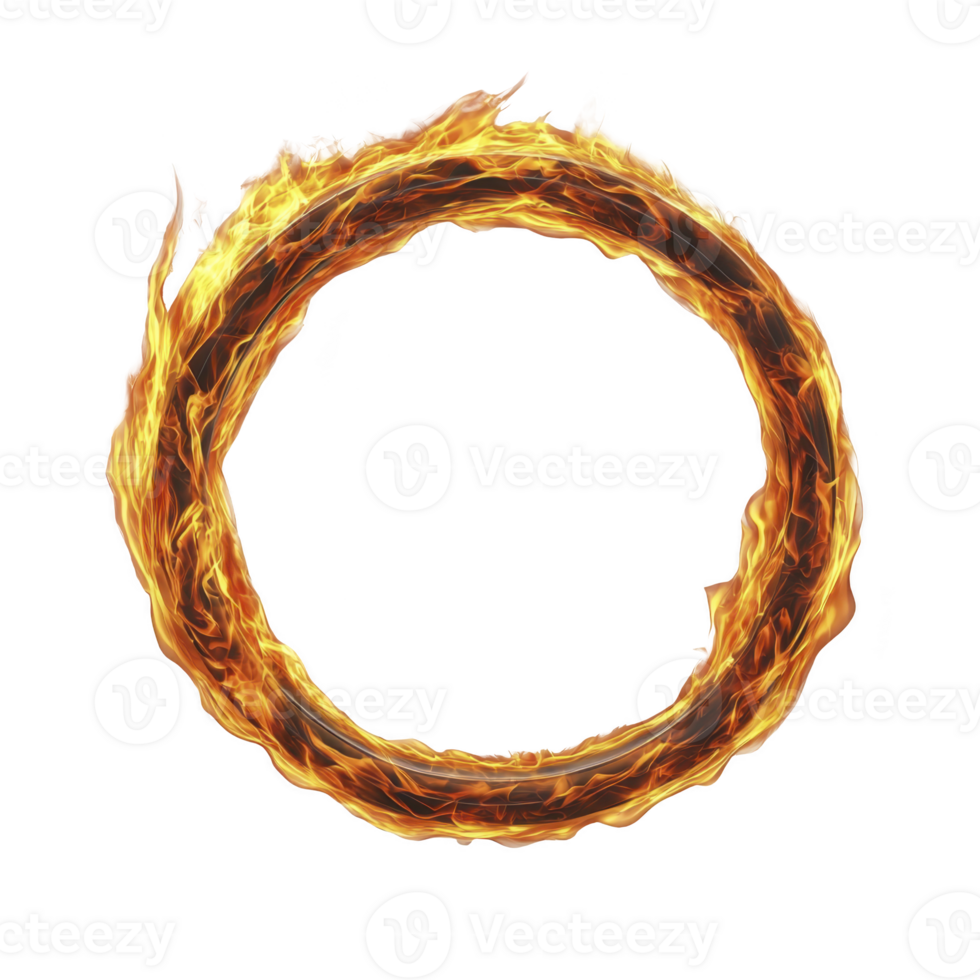 Fiery ring of flames forms perfect circle against transparent background, creating dynamic and intense visual effect. bright orange and yellow hues of fire convey energy and power png