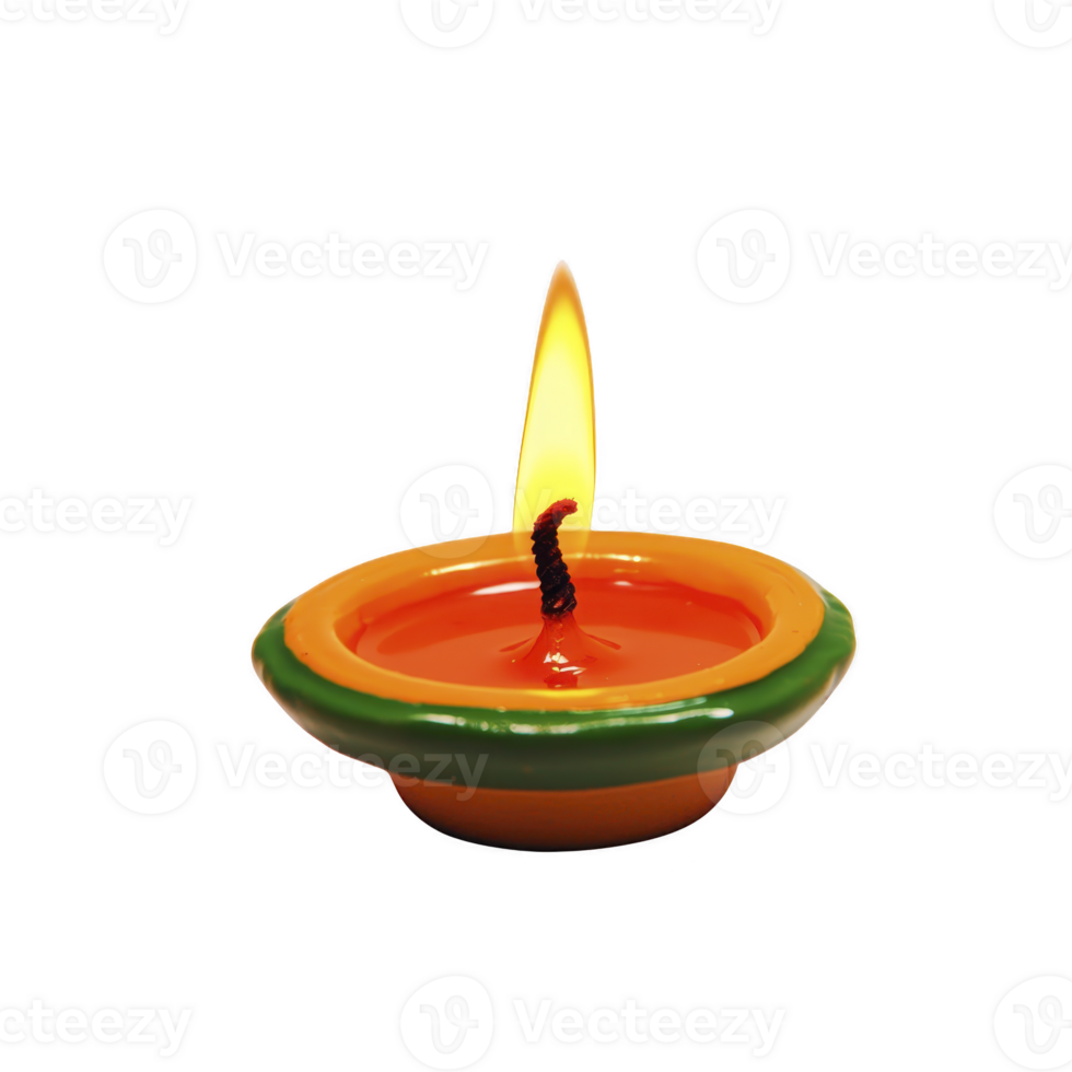 Small, colorful clay diya with bright flame, often used in traditional celebrations and festivals, creating warm and inviting atmosphere png