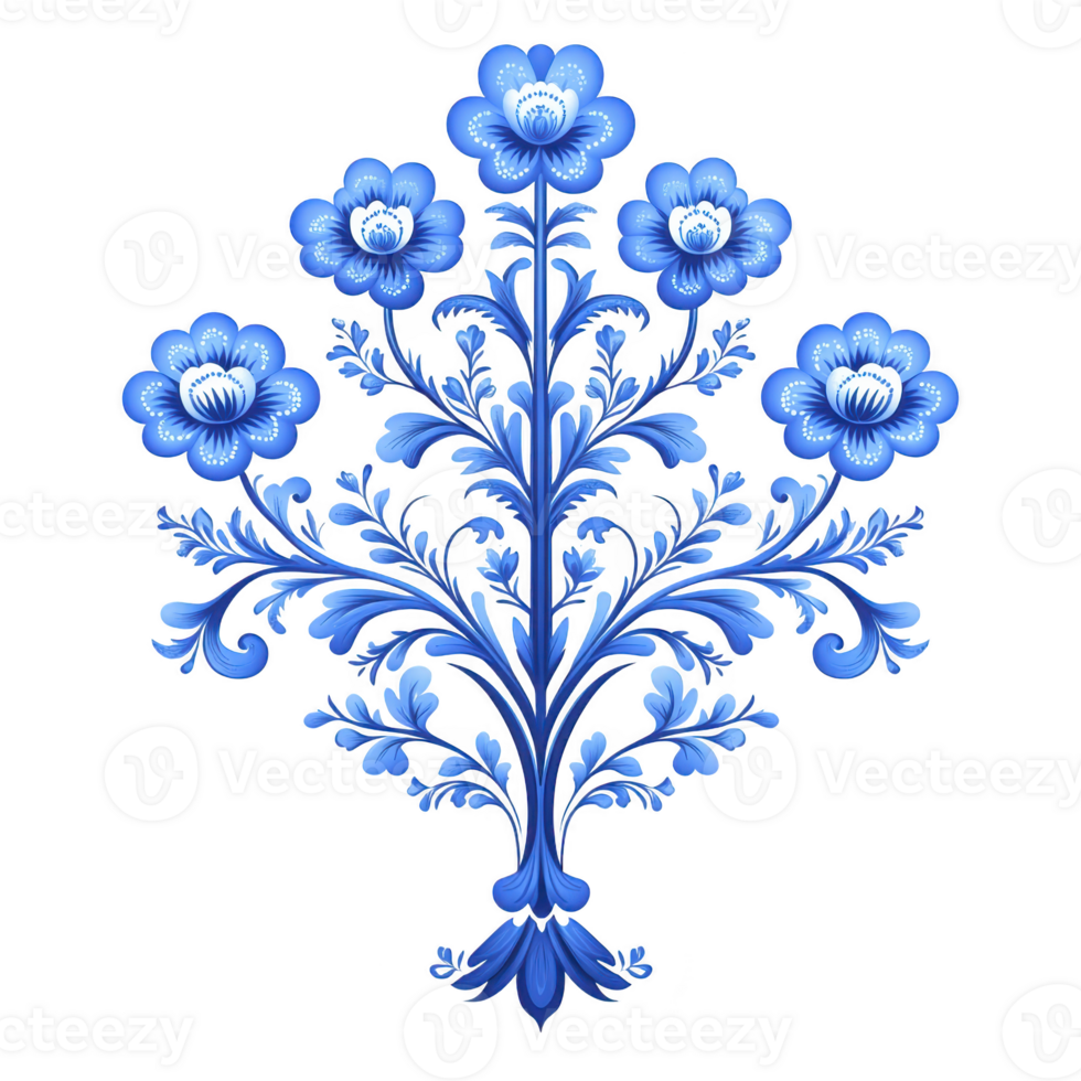 Vibrant blue floral design with intricate patterns and symmetrical arrangement, featuring stylized flowers and leaves. decorative motif exudes elegance and artistic flair png