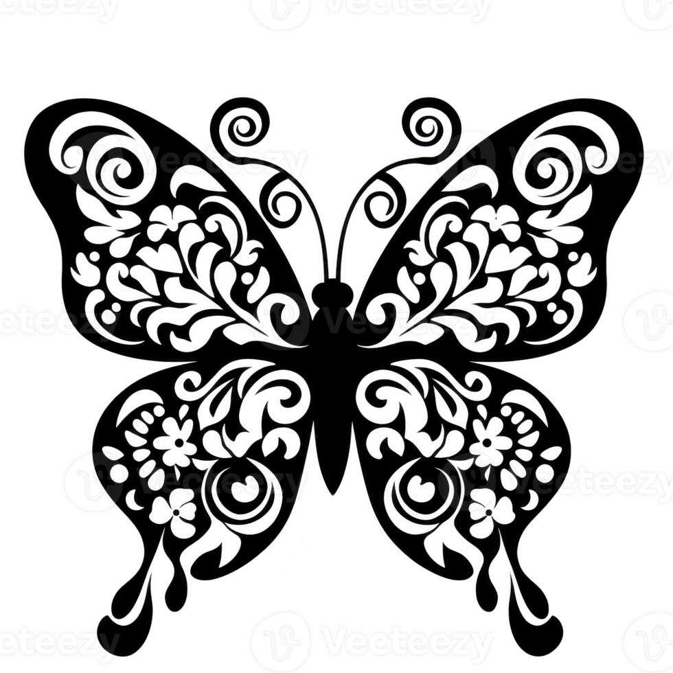 Intricate black butterfly silhouette with ornate, swirling patterns on its wings, creating elegant and artistic design. symmetrical details add touch of sophistication png