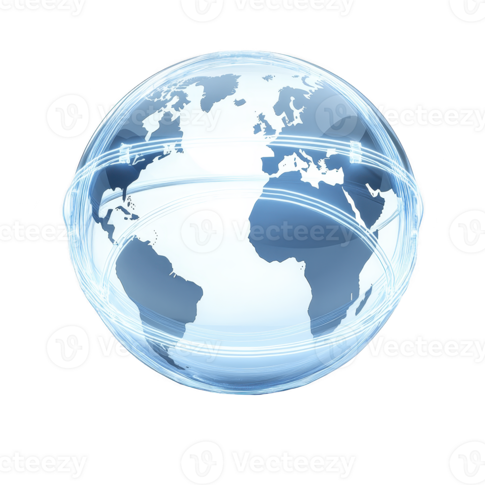 Digital illustration of glowing globe with transparent continents and light trails encircling it, symbolizing global connectivity and technology png