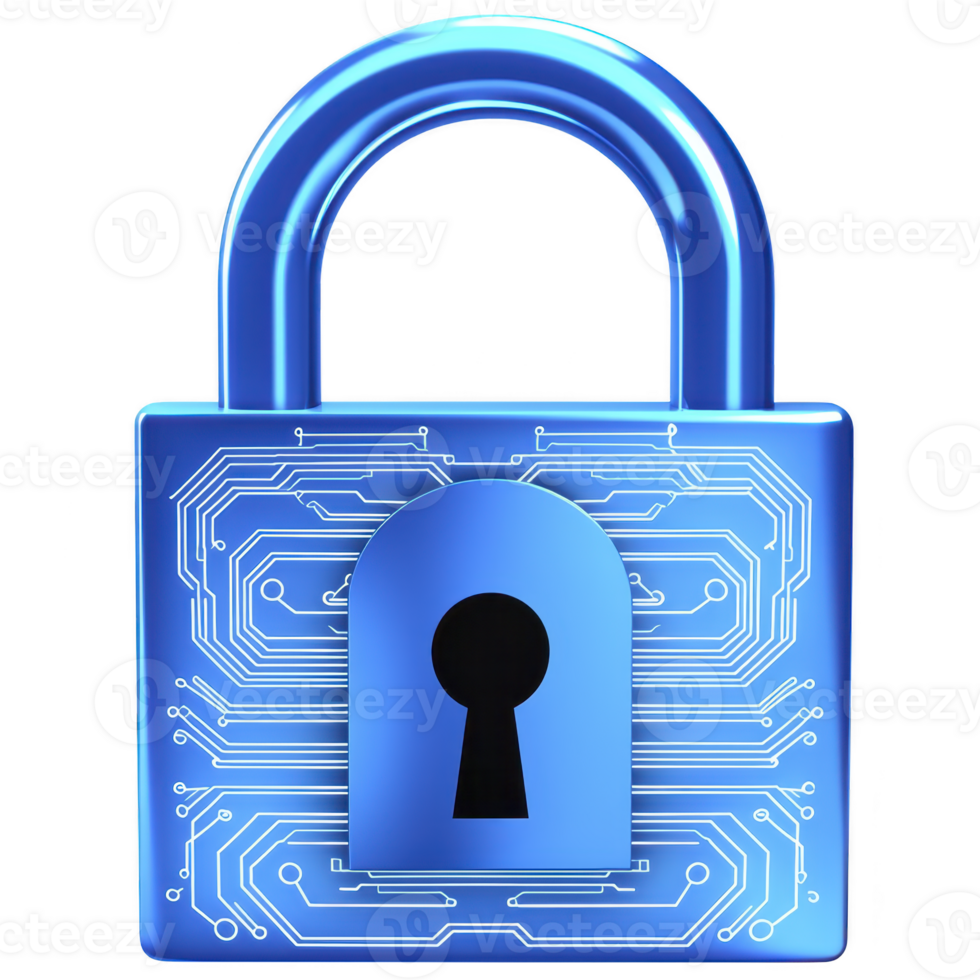 Blue digital padlock with circuit patterns symbolizes cybersecurity and data protection. lock metallic finish and intricate design convey security and technology png