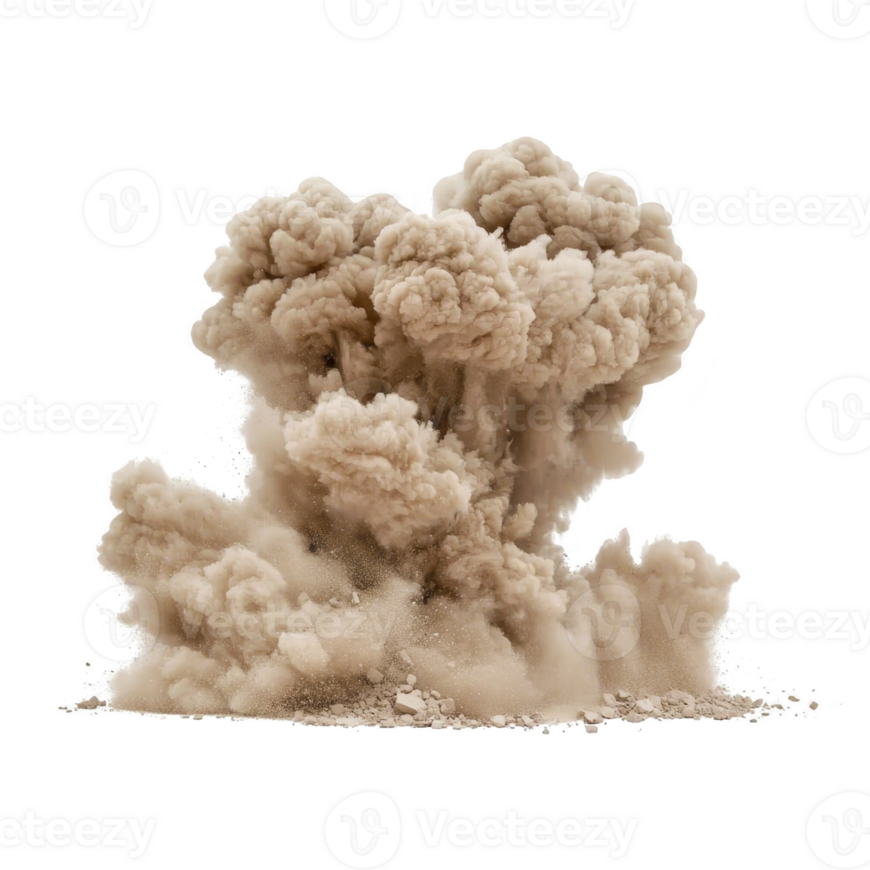 Dramatic explosion with billowing smoke and debris creates powerful visual impact. cloud of dust and particles rises energetically, suggesting dynamic and intense event png