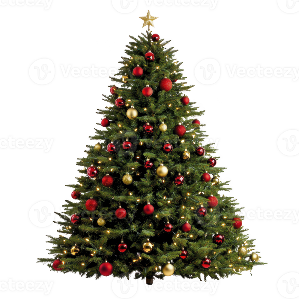 Beautifully decorated Christmas tree adorned with red and gold ornaments, twinkling lights, and topped with shining star, creating festive and joyful atmosphere png