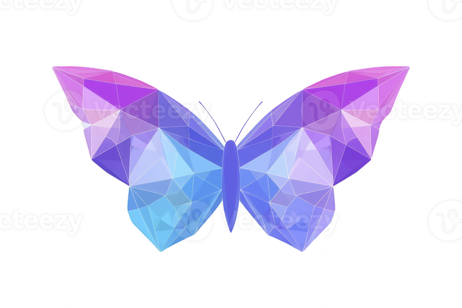 Vibrant geometric butterfly illustration features blend of purple, blue, and pink hues, creating modern and artistic design. polygonal shapes give it unique and abstract appearance png