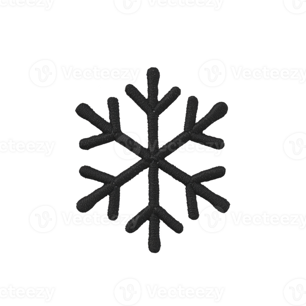 Simple black snowflake icon with symmetrical design, representing winter and cold weather. snowflake has six branches, each with smaller offshoots, creating classic and minimalistic look png