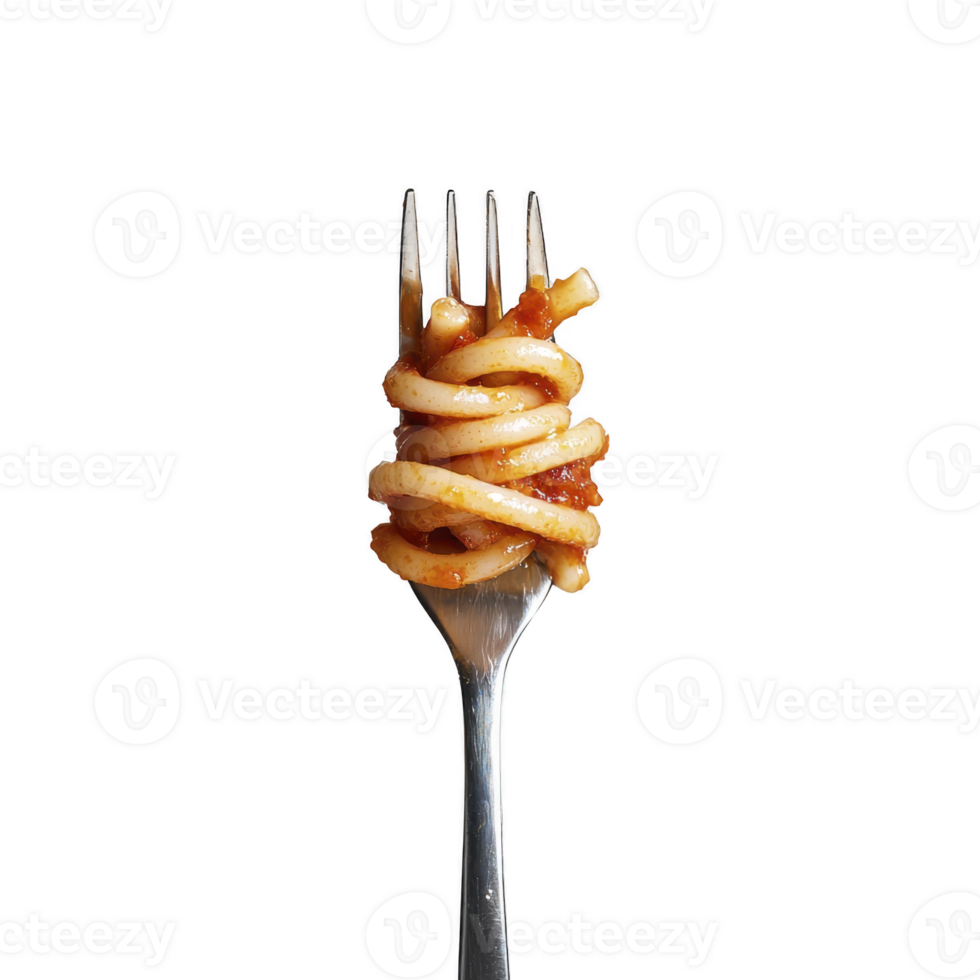 Fork with spaghetti wrapped around it, coated in rich tomato sauce, is isolated against transparency background, creating striking and appetizing visual png