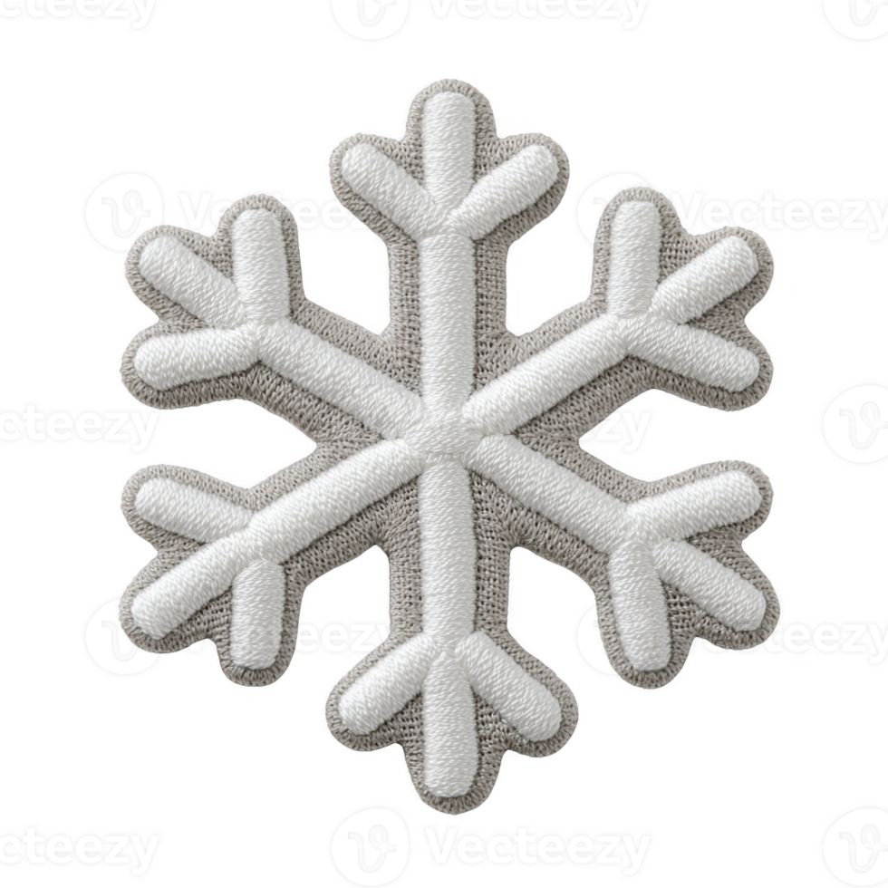 White embroidered snowflake patch with intricate stitching and symmetrical design, perfect for winter themed crafts or clothing embellishments png