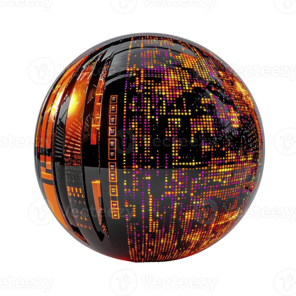 Digital sphere with vibrant orange and purple pixel patterns creates futuristic and abstract design. globe like shape suggests technology and innovation png