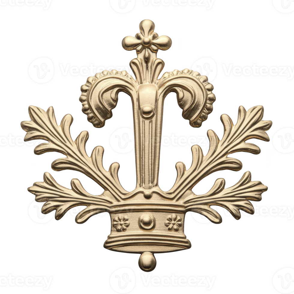 Golden decorative emblem featuring stylized crown with ornate leaf patterns, symbolizing elegance and royalty. intricate design showcases craftsmanship and luxury png