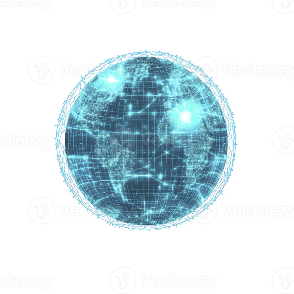 Digital globe with glowing network of interconnected lines and nodes represents global connectivity and technology. blue hues and grid pattern highlight futuristic and innovative theme png