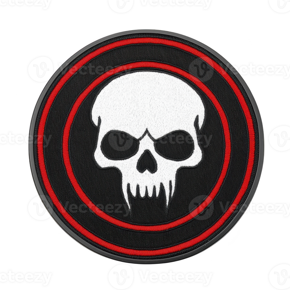 Circular patch features white skull design with menacing eyes on transparency background, surrounded by red and black concentric rings, creating bold and edgy appearance png