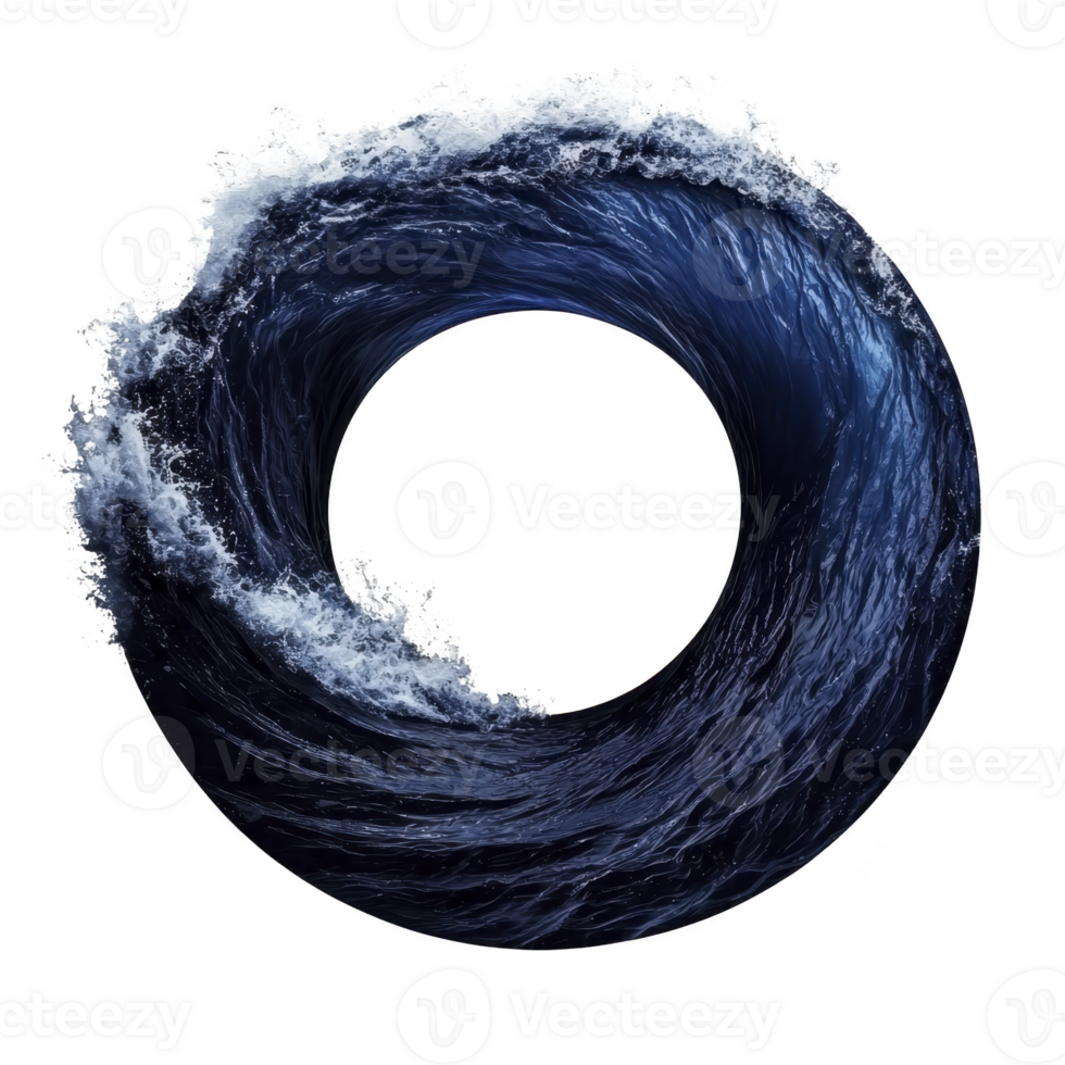 Dynamic circular wave with splashing water creates sense of motion and energy. deep blue tones and white foam highlight ocean power and beauty png