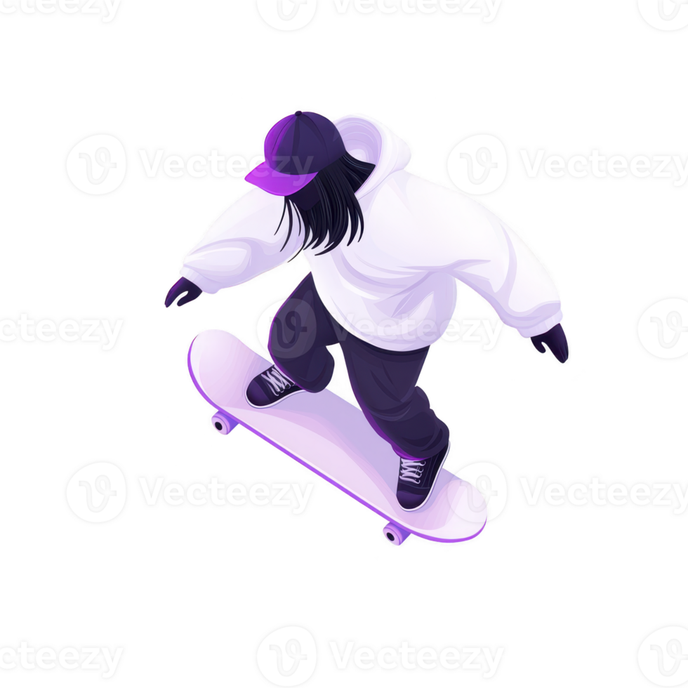 Person wearing white hoodie and purple cap is skateboarding, showcasing dynamic movement and urban style. skateboarder is depicted in modern, stylized illustration png