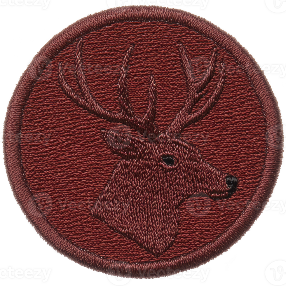 Round embroidered patch features detailed deer head with antlers on textured red background, symbolizing nature and wildlife appreciation png